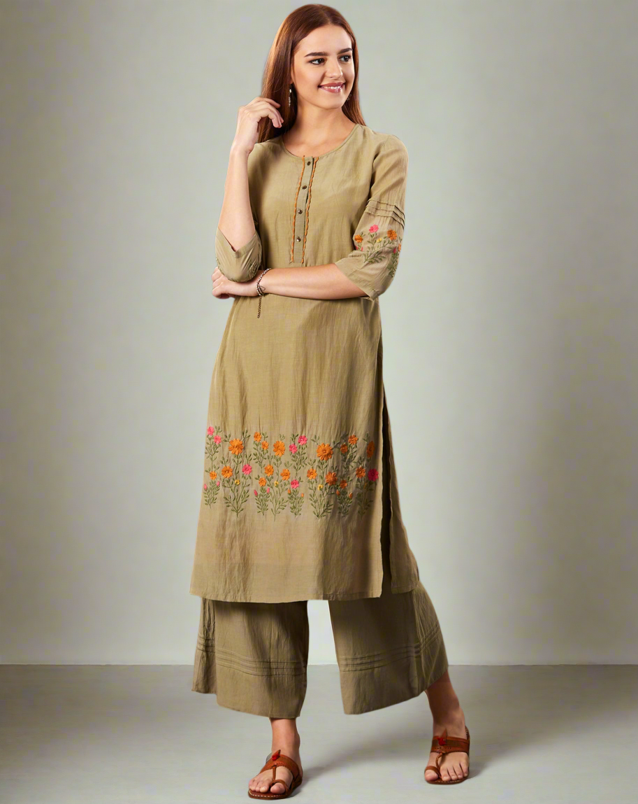 OLIVE GREEN EMBROIDERED COTTON SILK KURTA WITH FLARED PALAZZO
