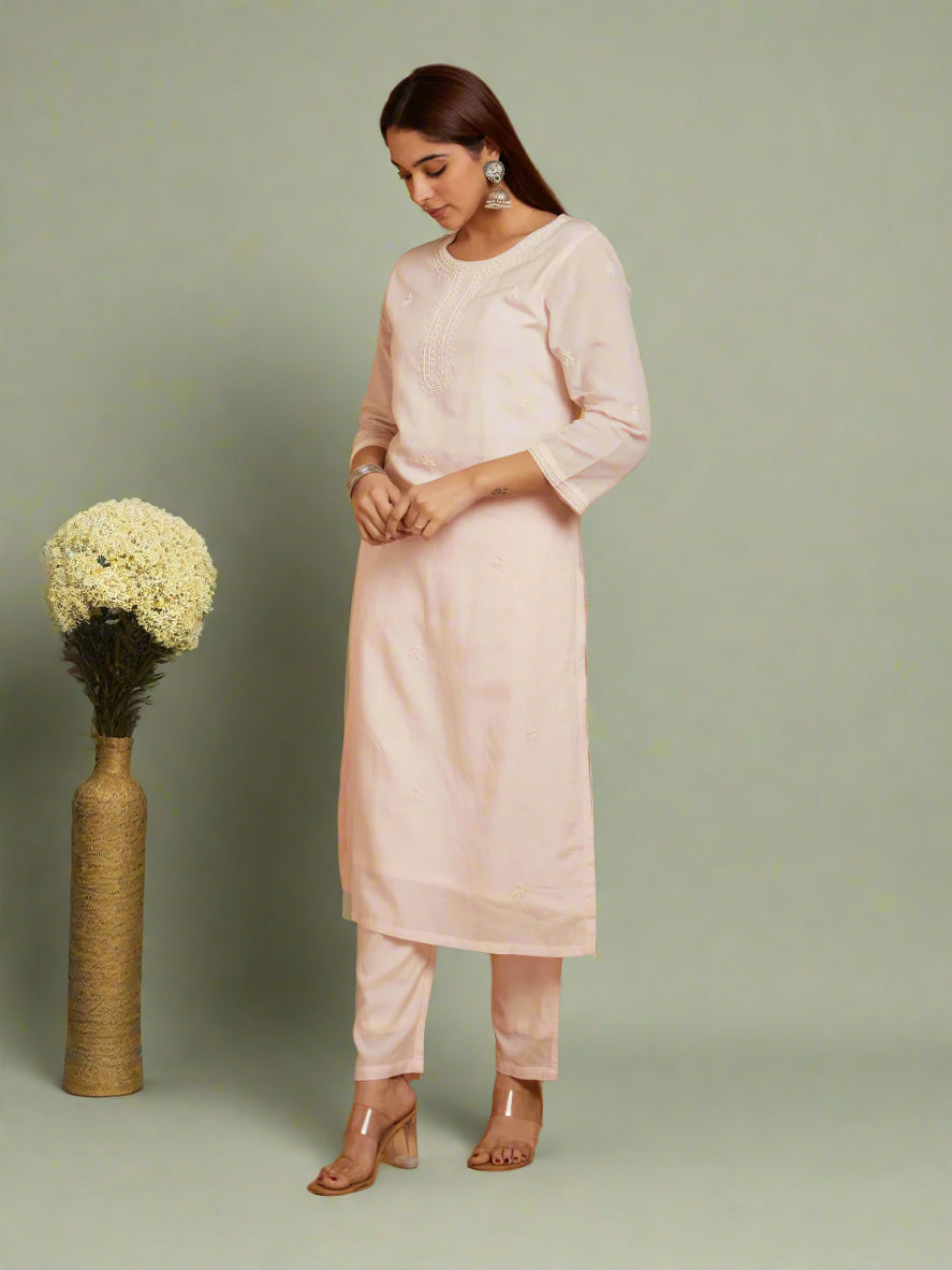 Blush Pink Embroidered Kurta Set with Dupatta