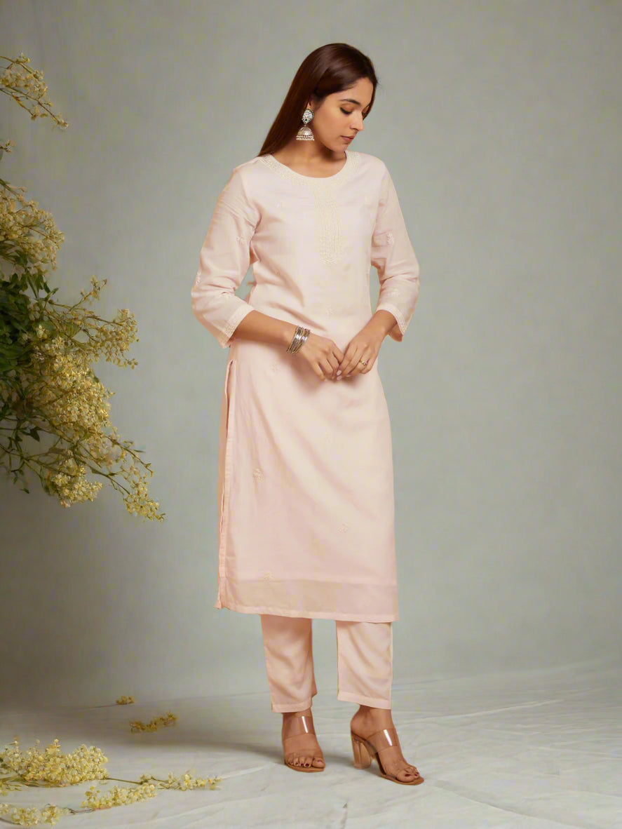 Blush Pink Embroidered Kurta Set with Dupatta