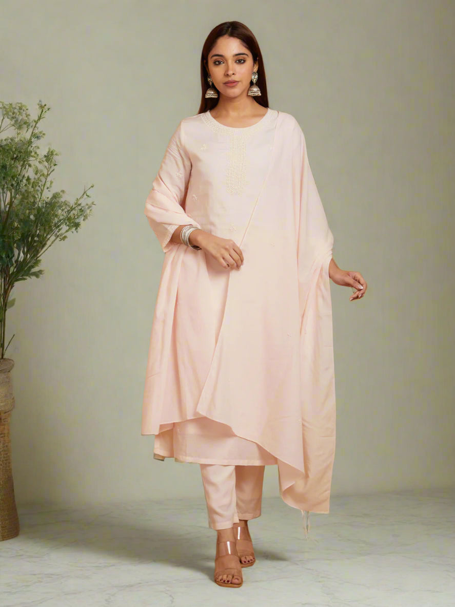 Blush Pink Embroidered Kurta Set with Dupatta