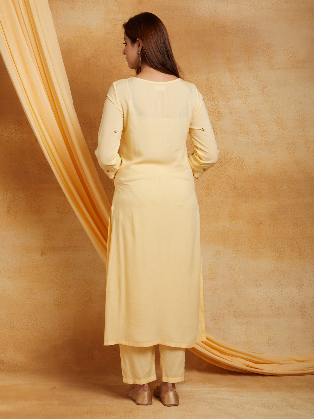 Yellow V-Neck Embellished Kurta Set with Pant and Dupatta
