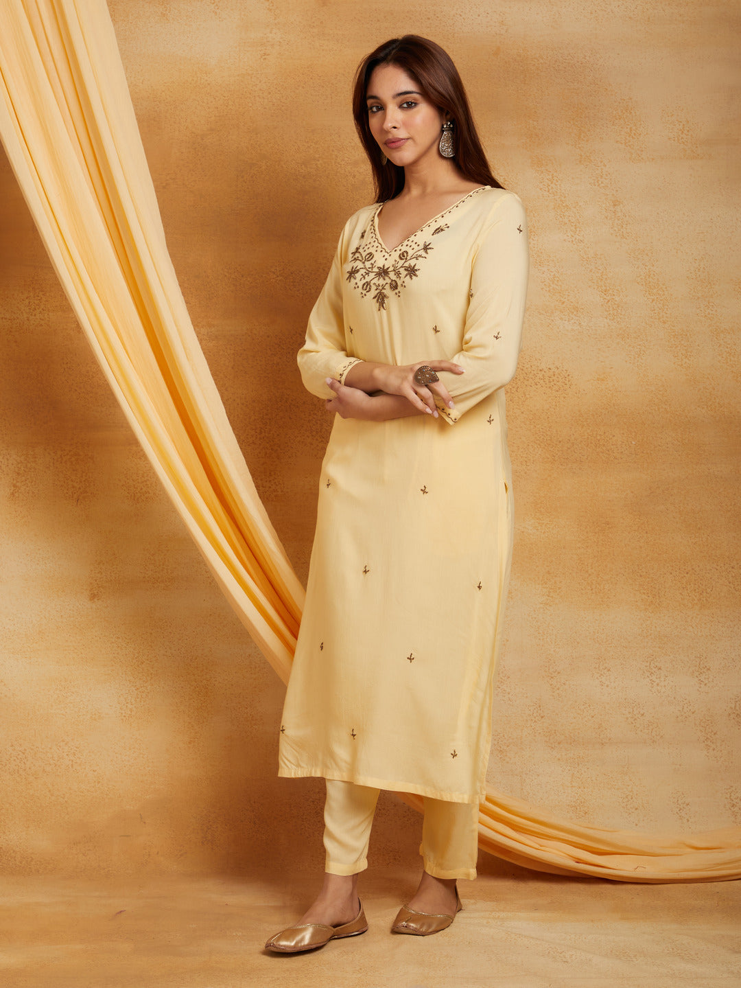 Yellow V-Neck Embellished Kurta Set with Pant and Dupatta
