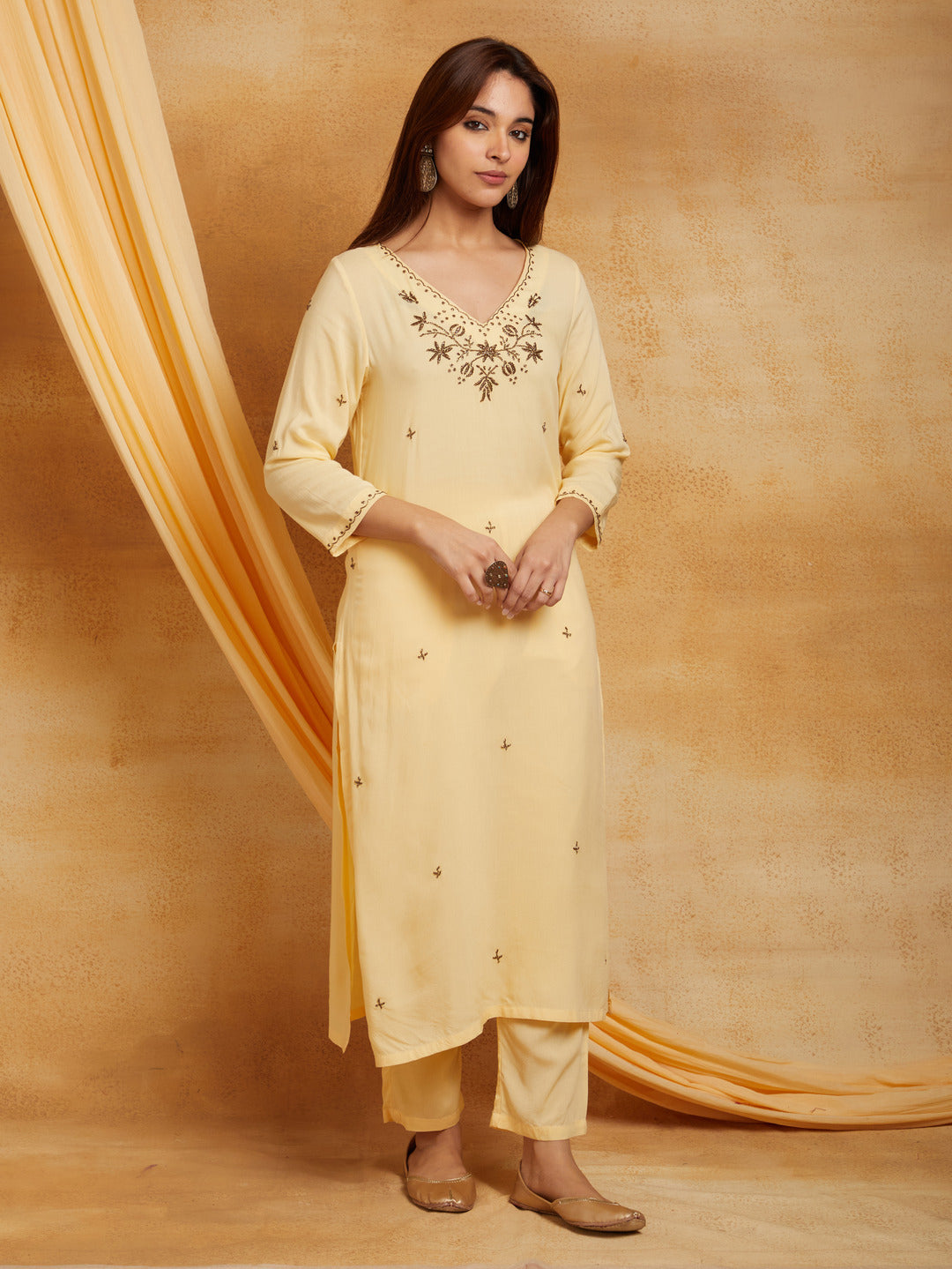 Yellow V-Neck Embellished Kurta Set with Pant and Dupatta