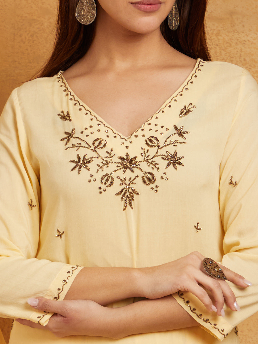 Yellow V-Neck Embellished Kurta Set with Pant and Dupatta
