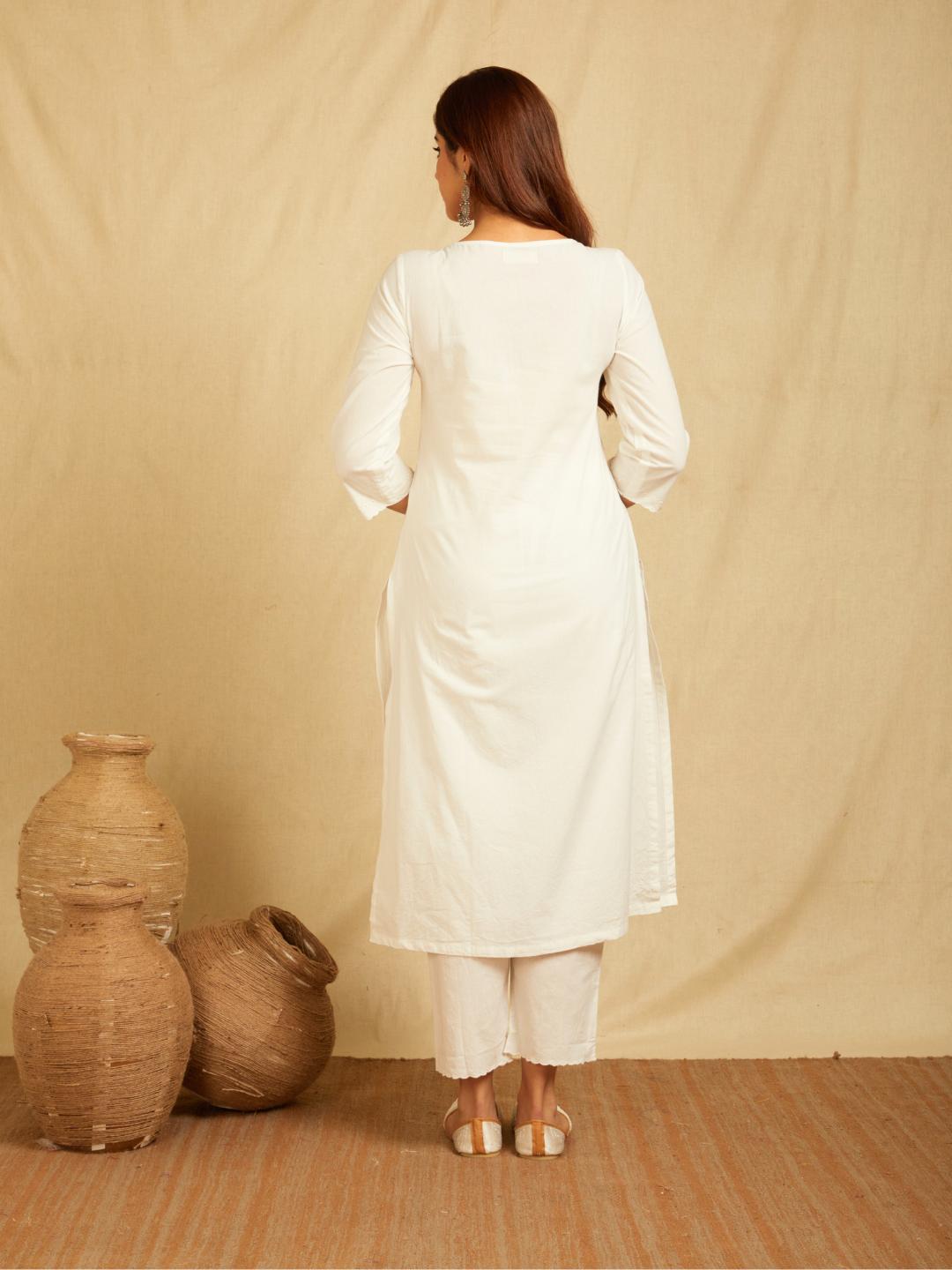 White V-Neck Ebroidered Kurta With Pants And Embroidered Dupatta