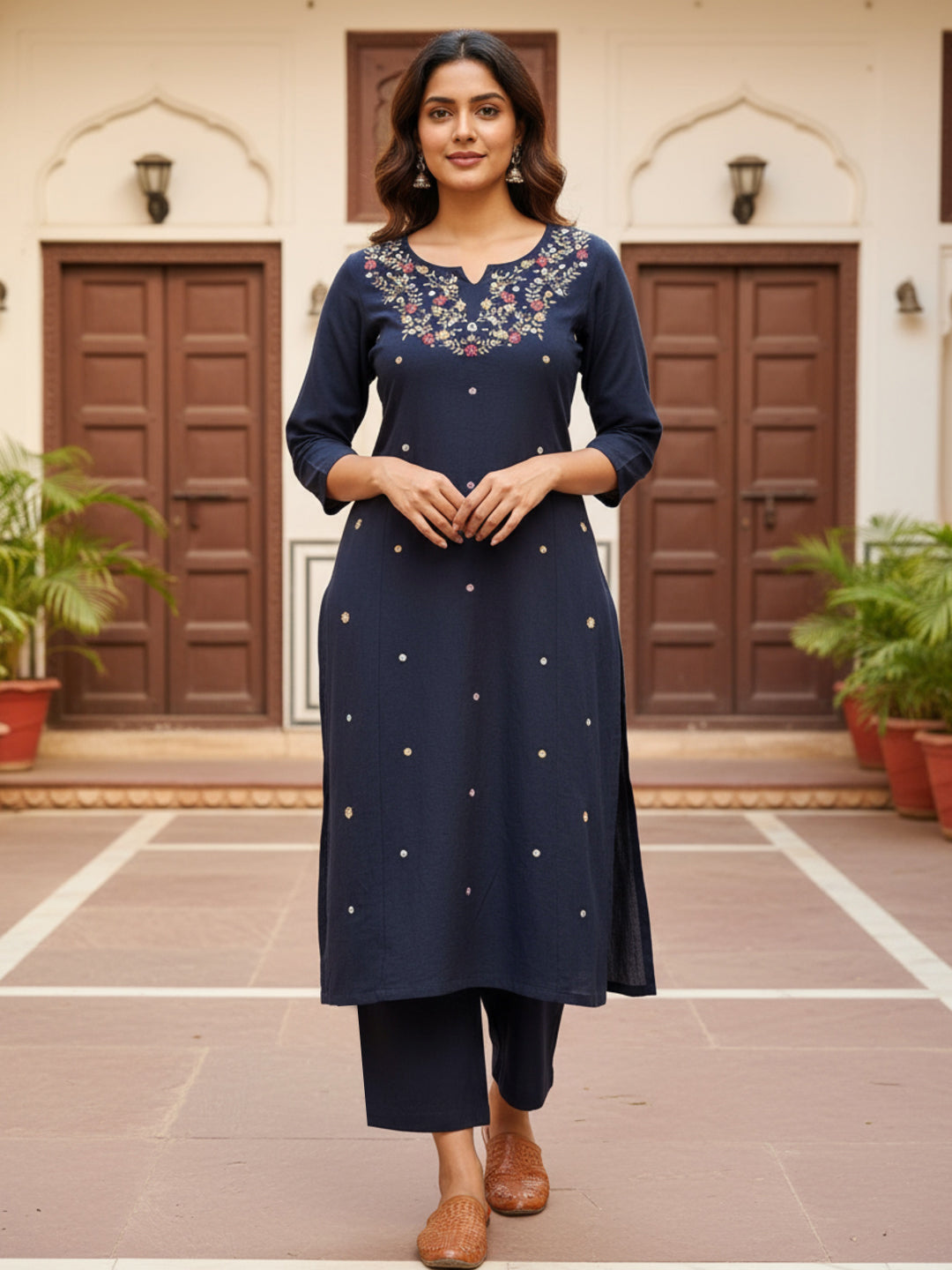 BLUE EMBROIDERED VISCOSE LINEN KURTA WITH PANTS