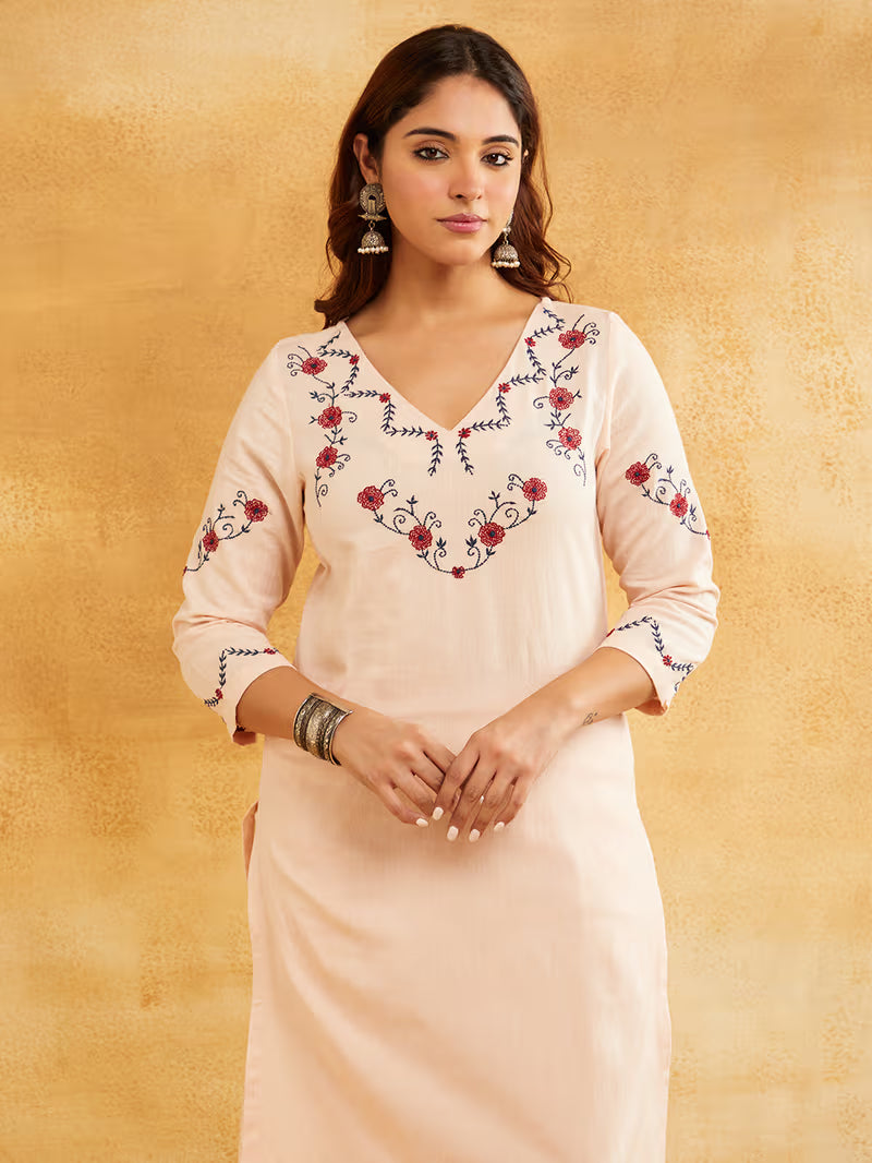 Light Pink Embroidered Cotton Linen Kurta with Pants