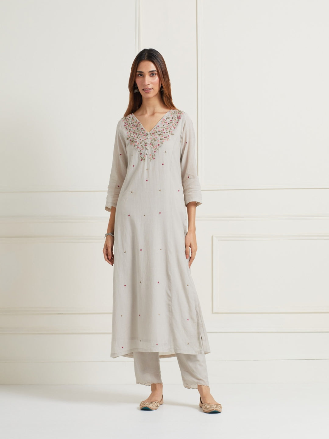 PASTEL GREY EMBROIDERED & EMBELLISHED KURTI WITH PANTS AND DUPATTA (SET OF THREE)