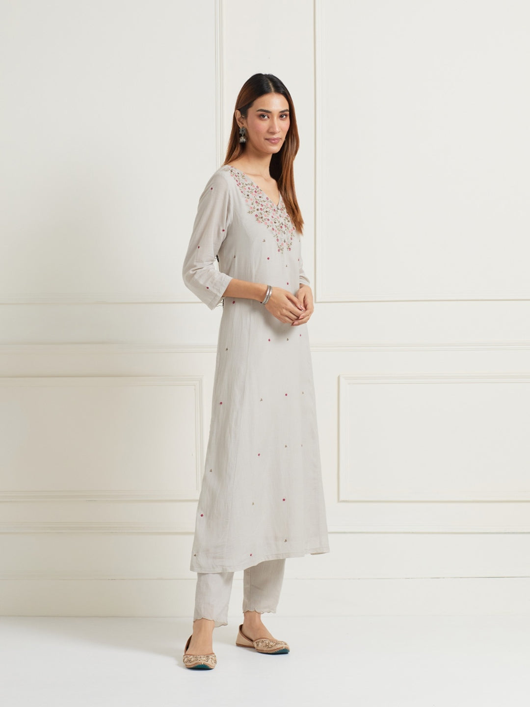 PASTEL GREY EMBROIDERED & EMBELLISHED KURTI WITH PANTS AND DUPATTA (SET OF THREE)
