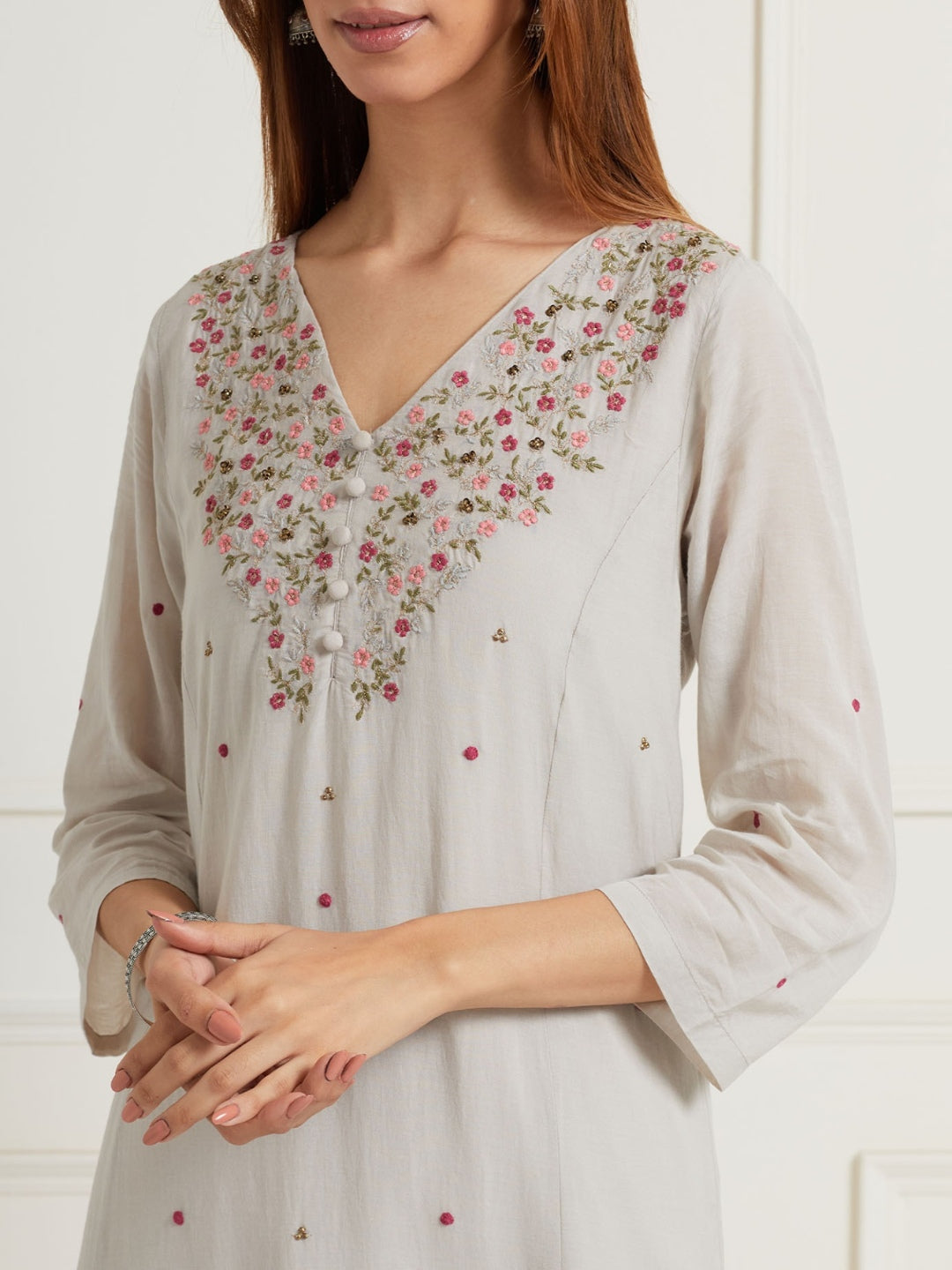 PASTEL GREY EMBROIDERED & EMBELLISHED KURTI WITH PANTS AND DUPATTA (SET OF THREE)