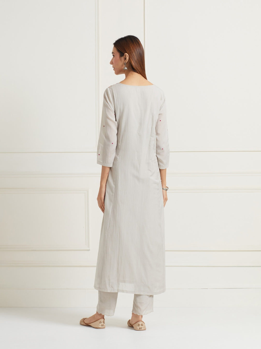 PASTEL GREY EMBROIDERED & EMBELLISHED KURTI WITH PANTS AND DUPATTA (SET OF THREE)