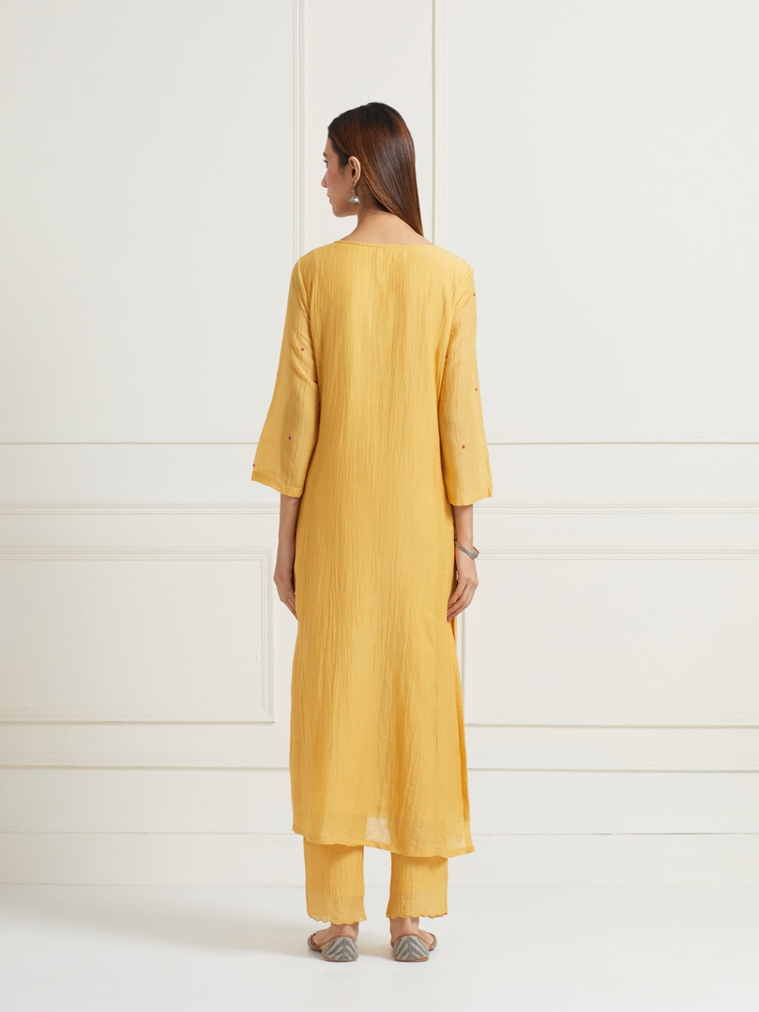MUSTARD YELLOW EMBROIDERED & EMBELLISHED KURTI WITH PANTS AND DUPATTA (SET OF THREE)