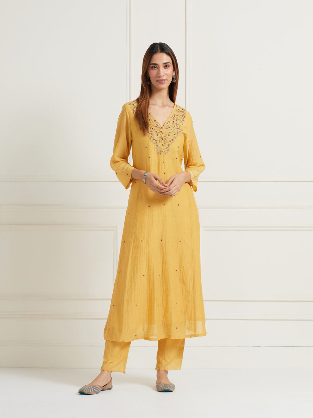 MUSTARD YELLOW EMBROIDERED & EMBELLISHED KURTI WITH PANTS AND DUPATTA (SET OF THREE)
