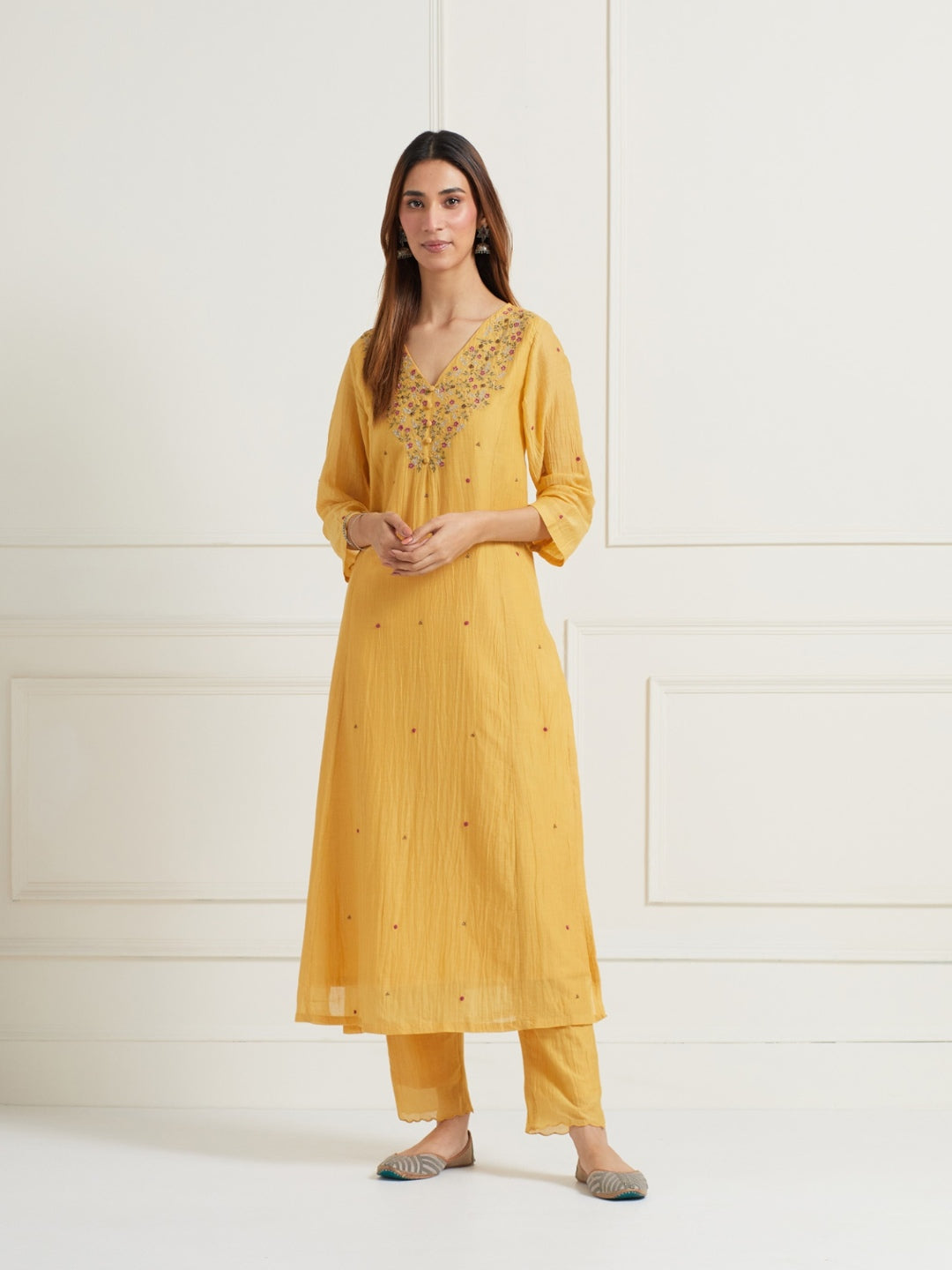 MUSTARD YELLOW EMBROIDERED & EMBELLISHED KURTI WITH PANTS AND DUPATTA (SET OF THREE)