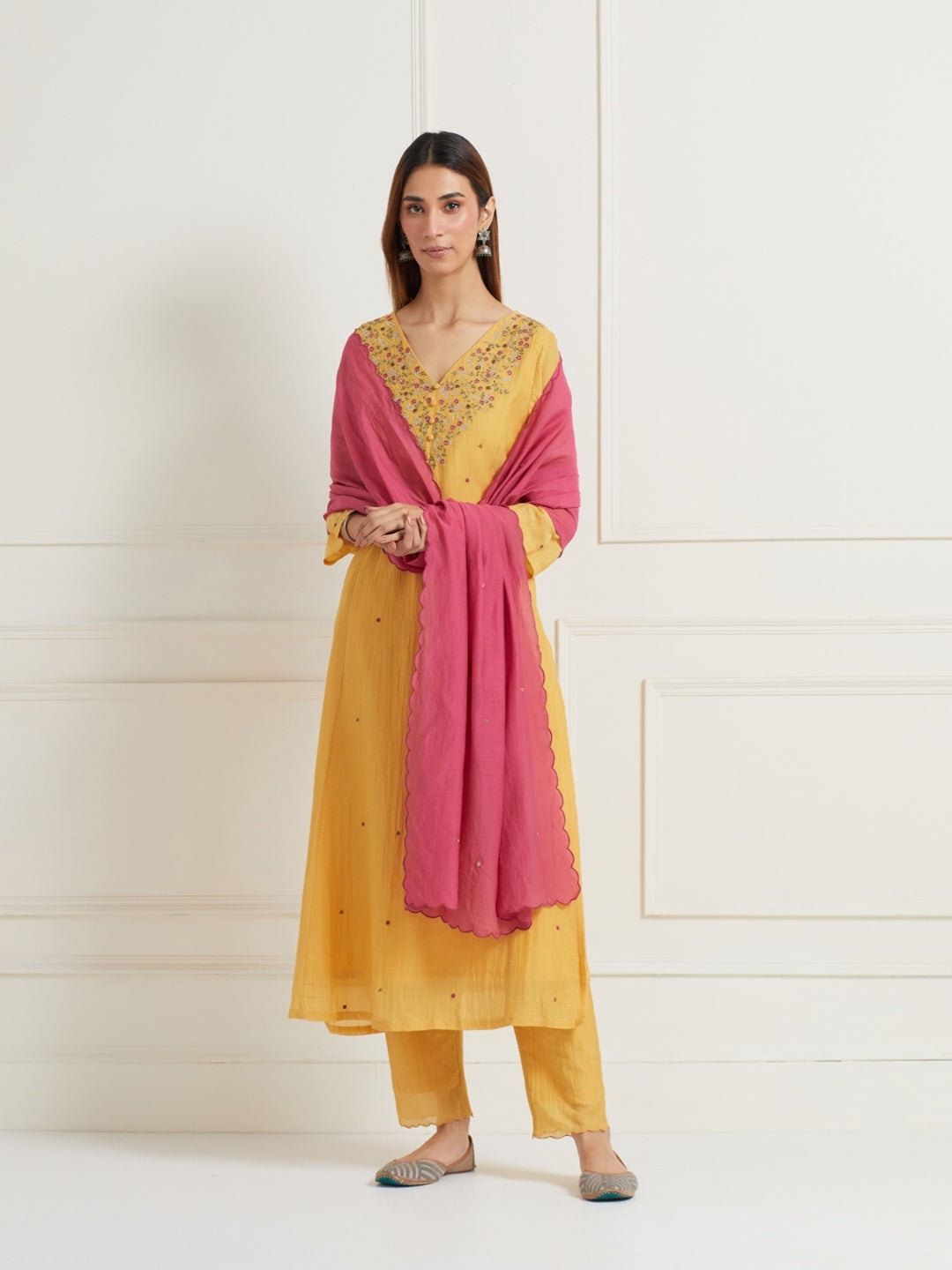 MUSTARD YELLOW EMBROIDERED & EMBELLISHED KURTI WITH PANTS AND DUPATTA (SET OF THREE)