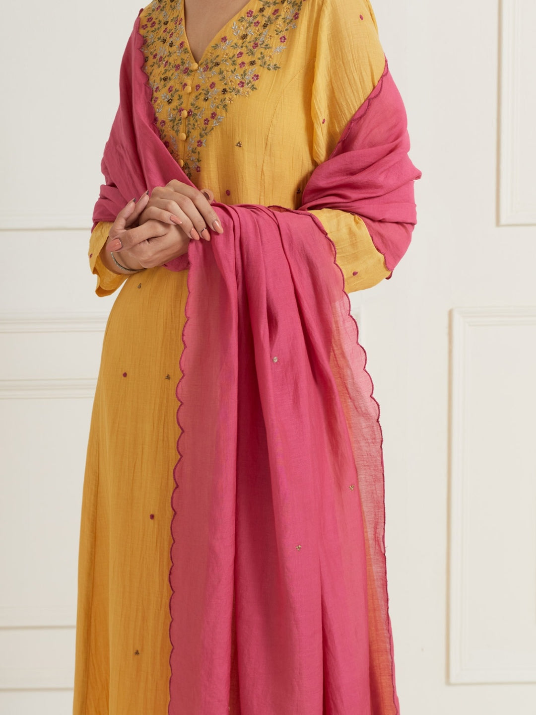 MUSTARD YELLOW EMBROIDERED & EMBELLISHED KURTI WITH PANTS AND DUPATTA (SET OF THREE)