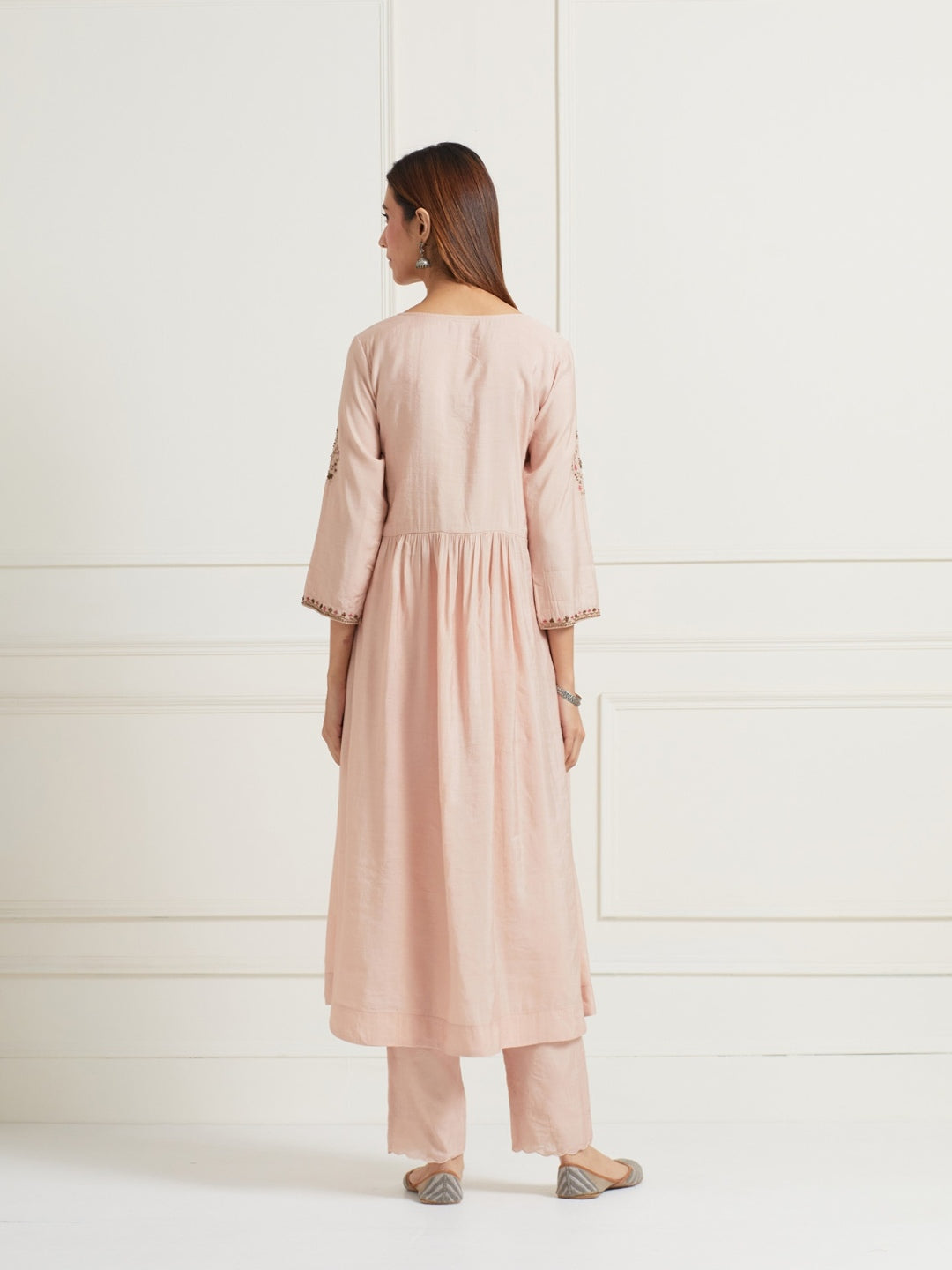 OLD ROSE A-LINE GATHERED CHANDERI KURTI WITH PANTS