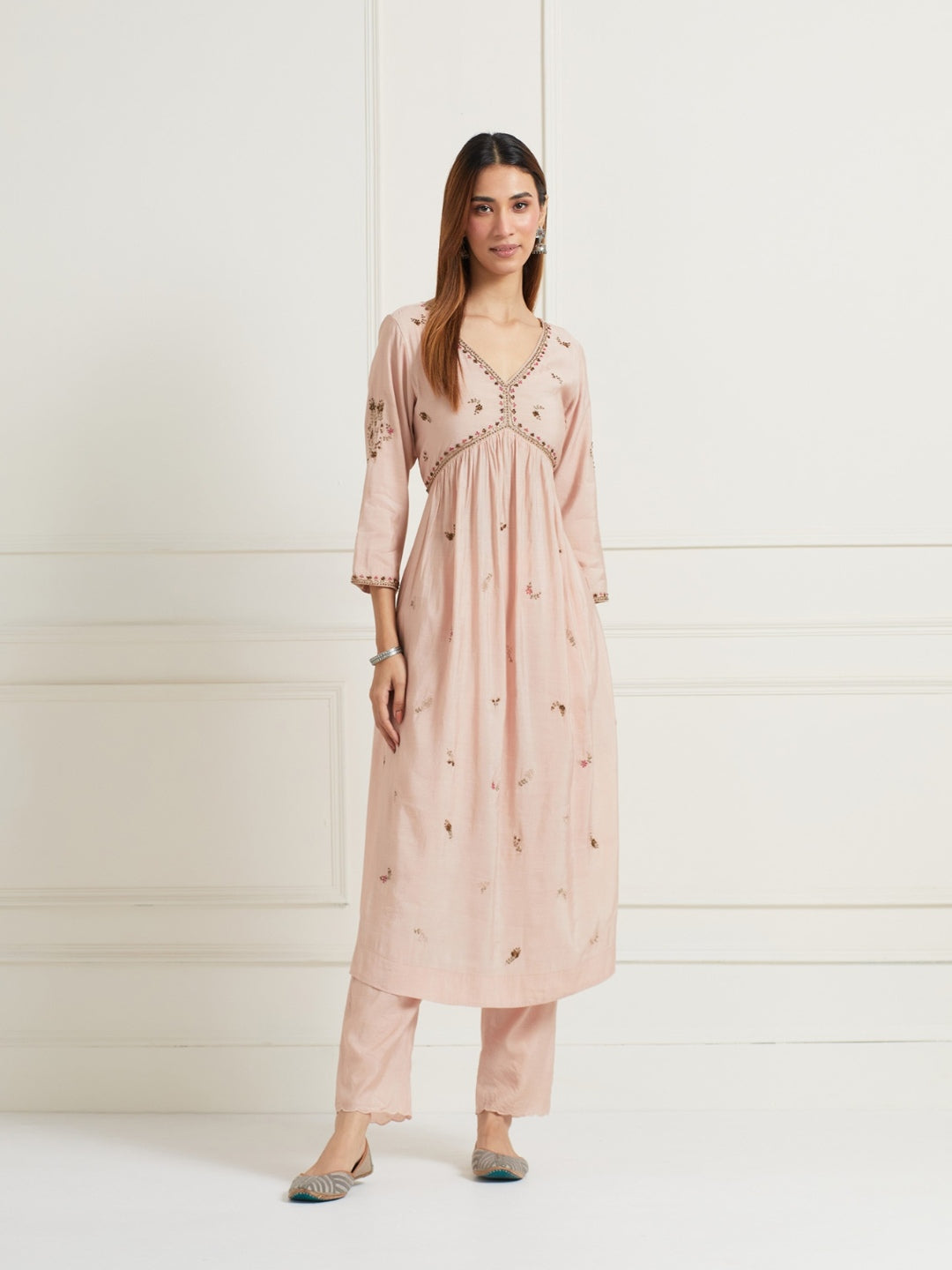 OLD ROSE A-LINE GATHERED CHANDERI KURTI WITH PANTS