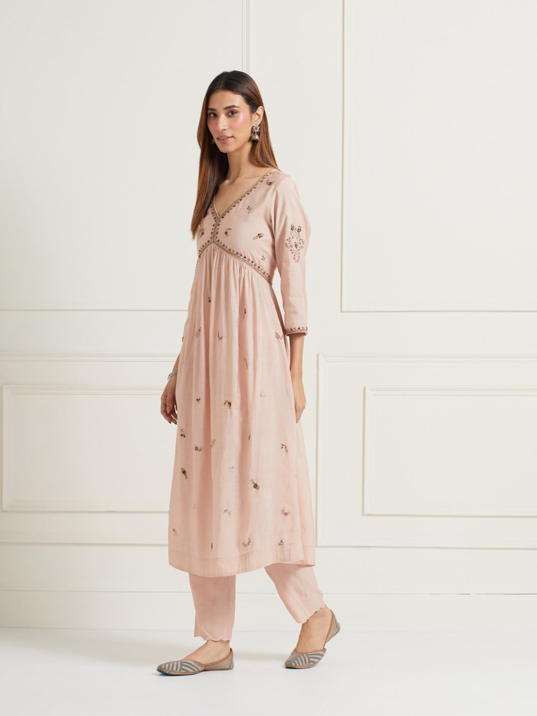 OLD ROSE A-LINE GATHERED CHANDERI KURTI WITH PANTS