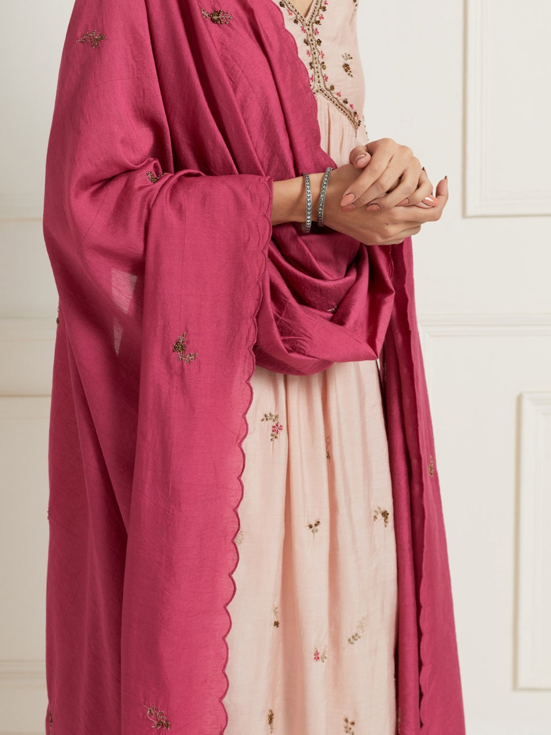 OLD ROSE A-LINE GATHERED CHANDERI KURTI WITH PANTS