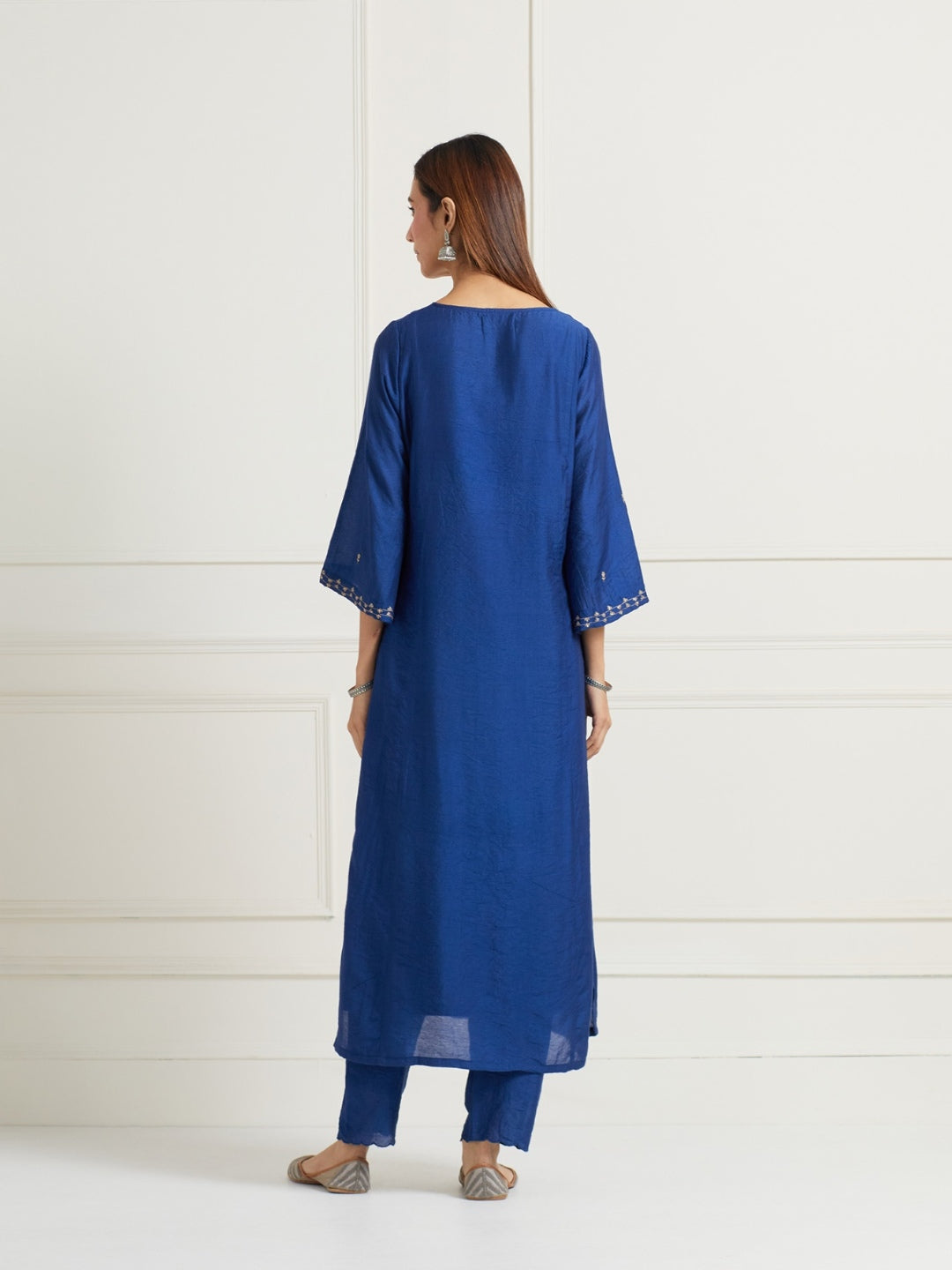 BLUE CHANDERI HANDWORK EMBROIDERED KURTI WITH PANTS AND DUPATTA (SET OF THREE)