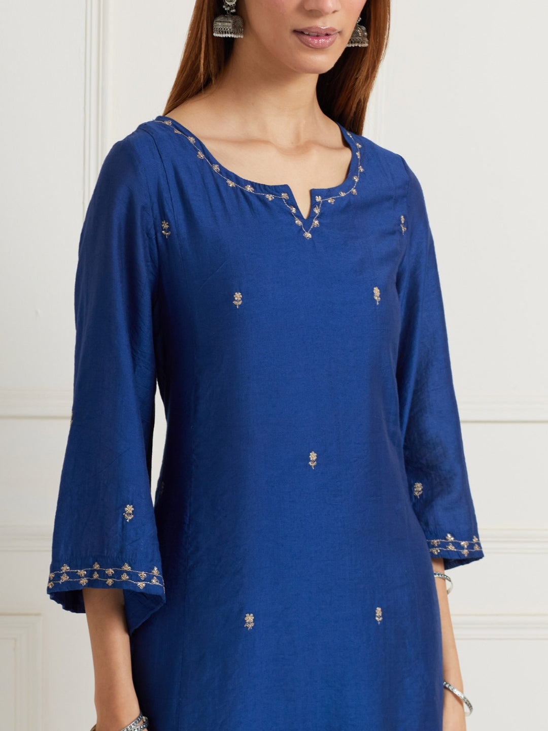 BLUE CHANDERI HANDWORK EMBROIDERED KURTI WITH PANTS AND DUPATTA (SET OF THREE)