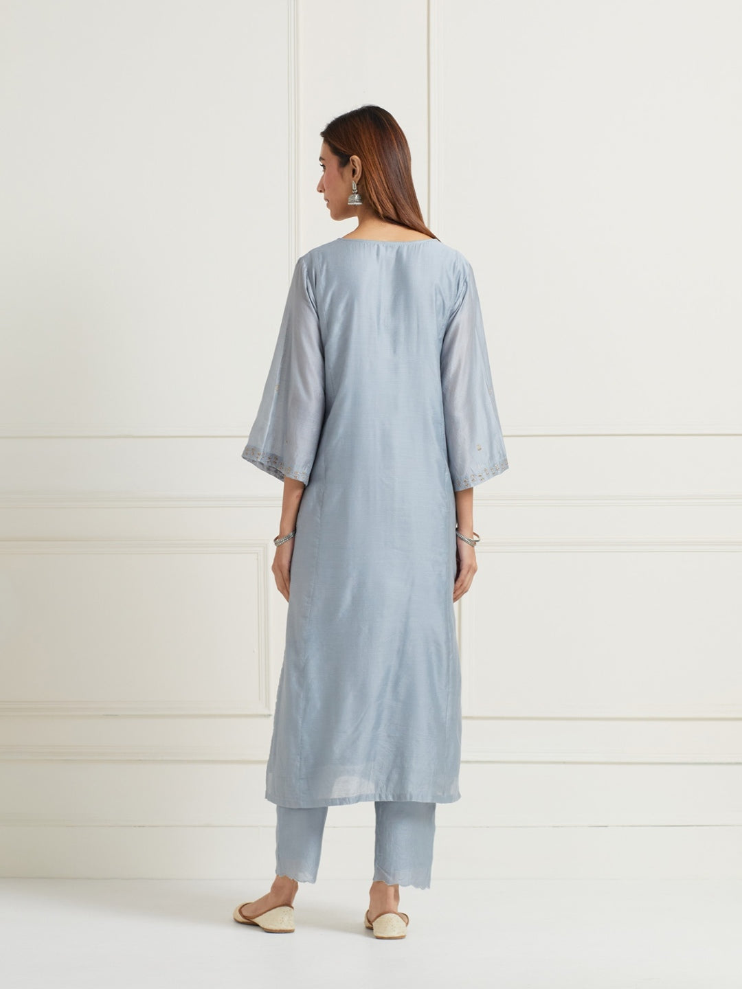 POWDER BLUE EMBROIDERED WITH HANDWORK CHANDERI KURTI WITH PANTS
