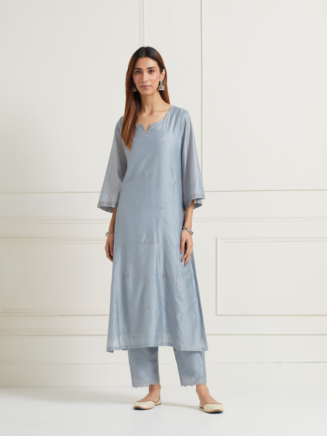 POWDER BLUE EMBROIDERED WITH HANDWORK CHANDERI KURTI WITH PANTS