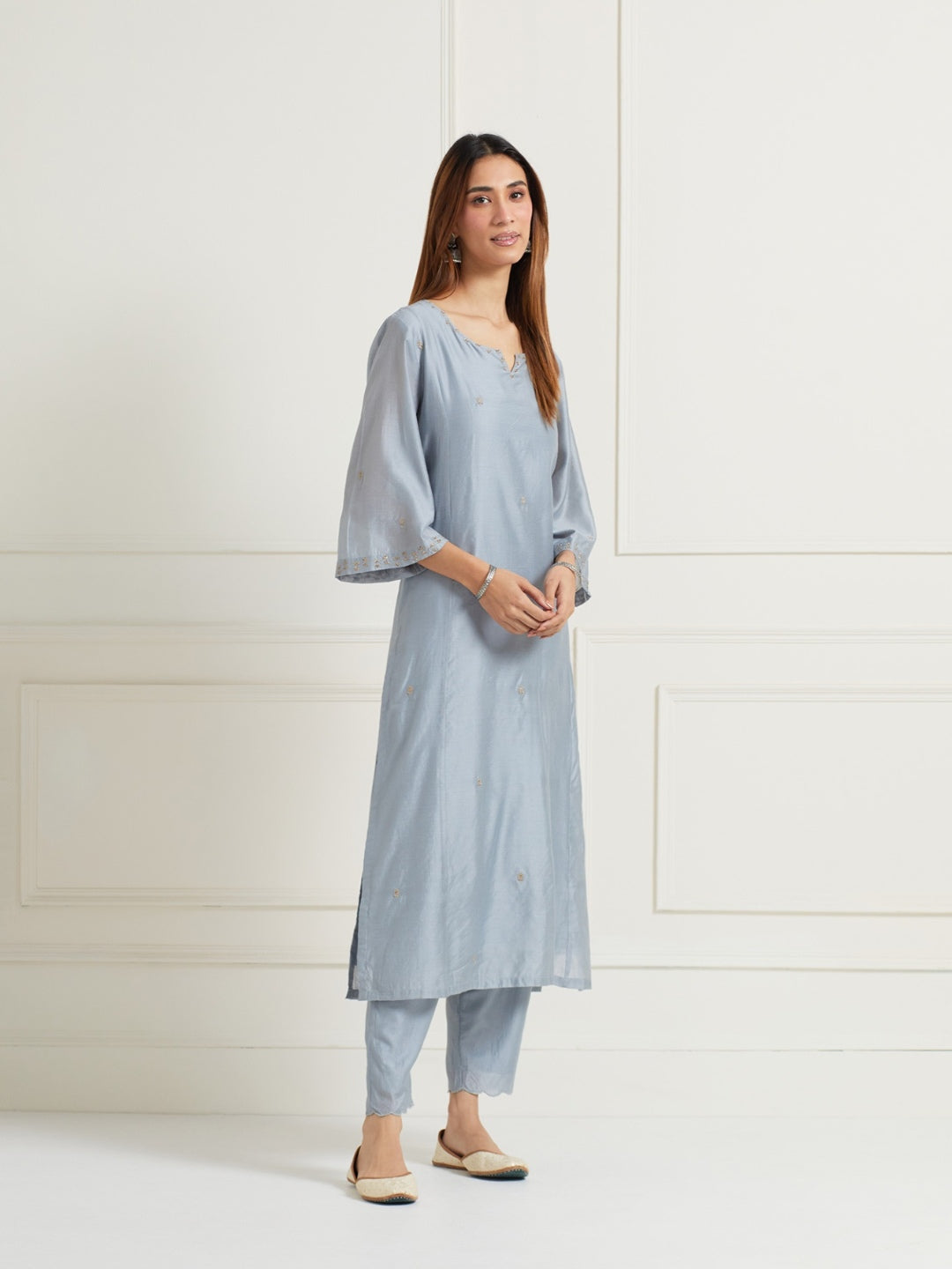 POWDER BLUE EMBROIDERED WITH HANDWORK CHANDERI KURTI WITH PANTS