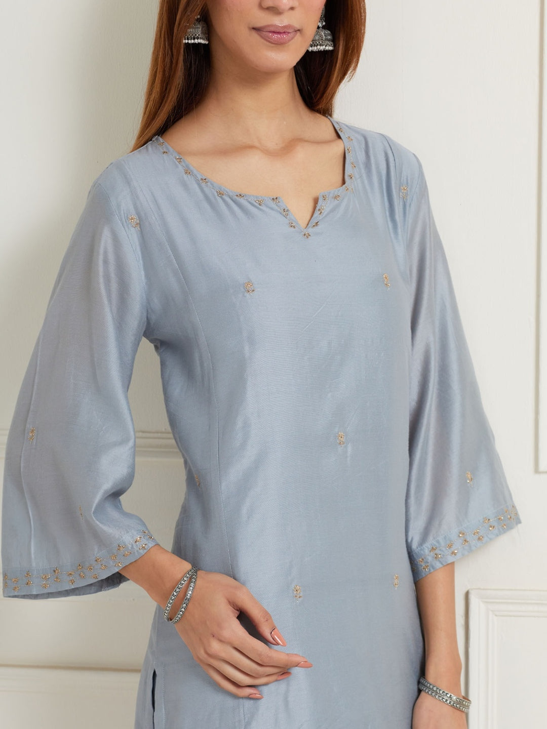 POWDER BLUE EMBROIDERED WITH HANDWORK CHANDERI KURTI WITH PANTS