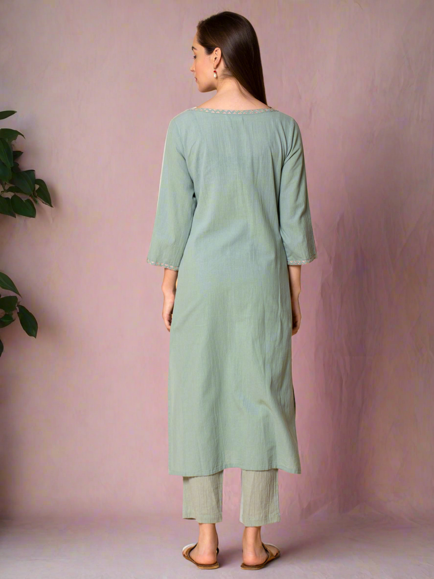MINT GREEN EMBROIDERED COTTON KURTA WITH PANTS