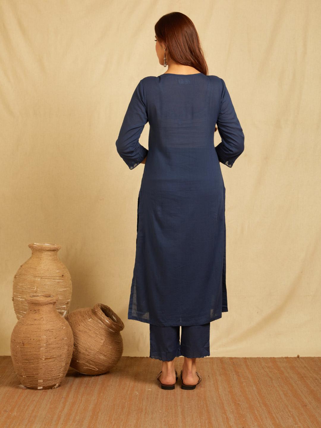 Navy Blue Tonal Applique Embroidered Kurta With Scalloped Pants And Dupatta