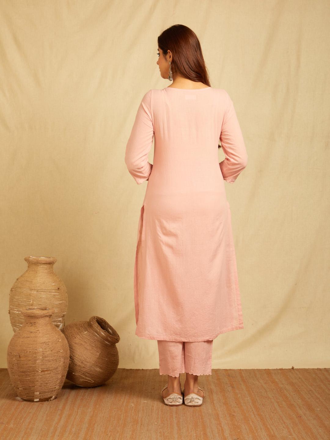 Pink V-Neck Embroidered Kurta with Pants