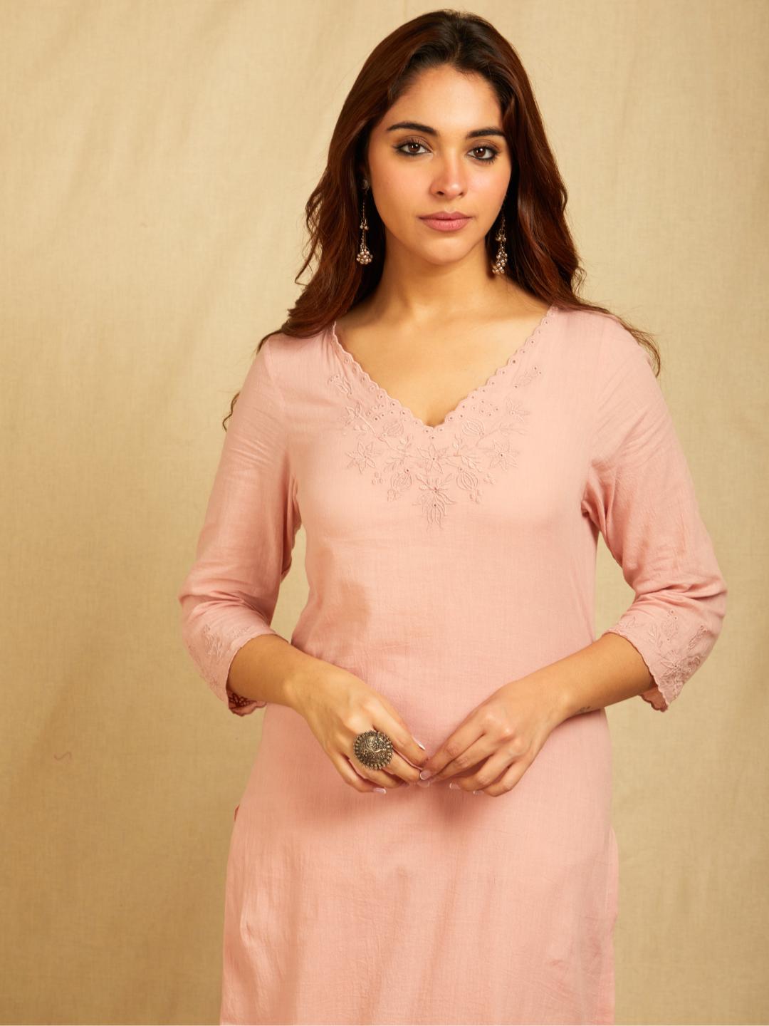 Pink V-Neck Embroidered Kurta with Pants