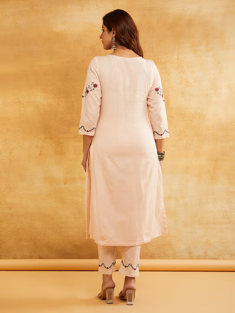 Light Pink Embroidered Cotton Linen Kurta with Pants