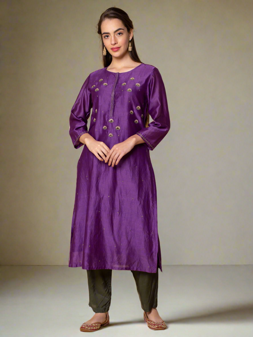PURPLE SEQUINS EMBROIDERED CHANDERI KURTA WITH OLIVE GREEN VISCOSE PANTS