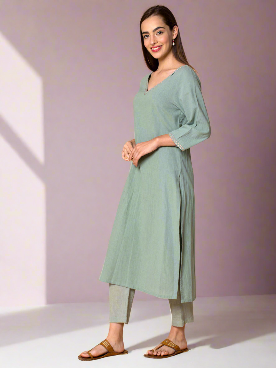 MINT GREEN EMBROIDERED COTTON KURTA WITH PANTS