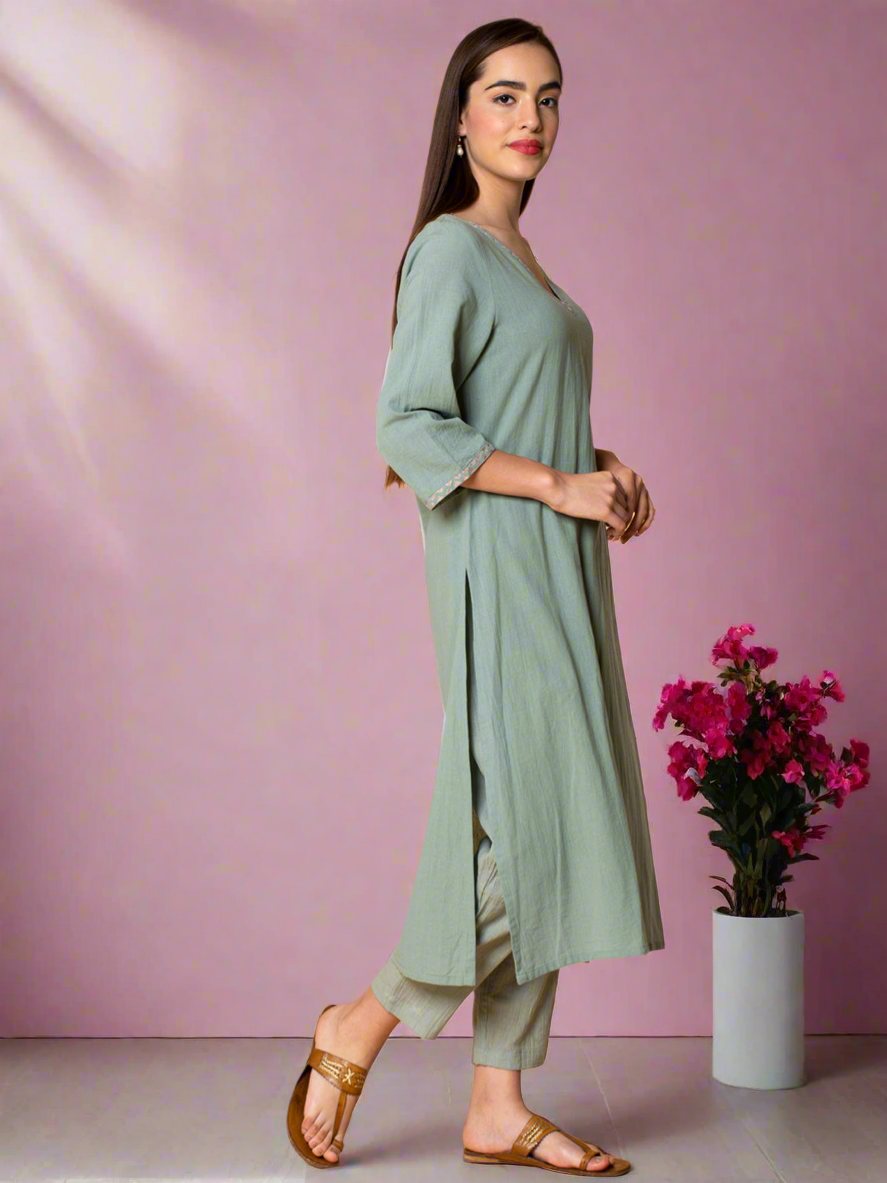 MINT GREEN EMBROIDERED COTTON KURTA WITH PANTS