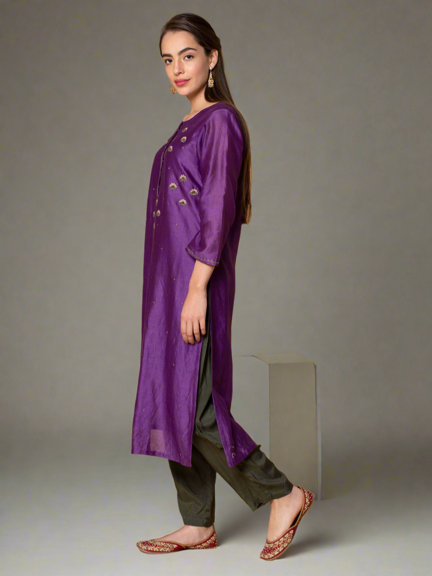 PURPLE SEQUINS EMBROIDERED CHANDERI KURTA WITH OLIVE GREEN VISCOSE PANTS
