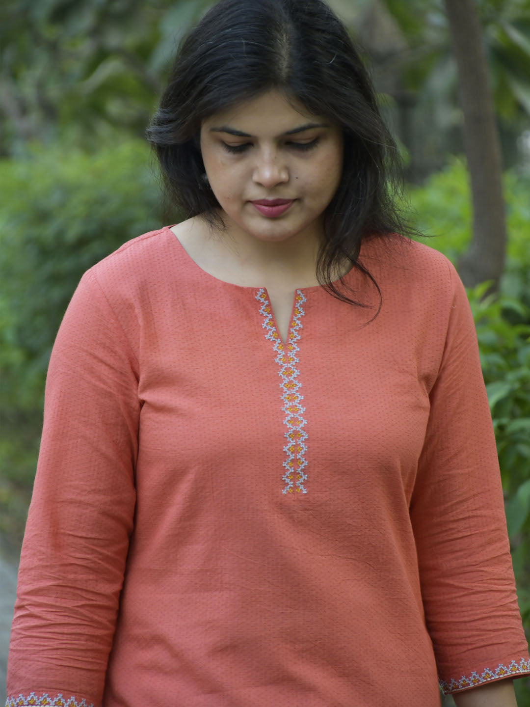 Coral Cotton Dobby Cross-Stitch Embroidered Kurta with Pants
