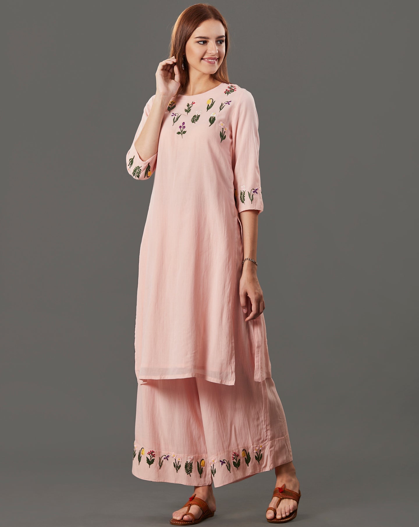 PEACH EMBROIDERED COTTON SILK KURTA WITH PALAZZO