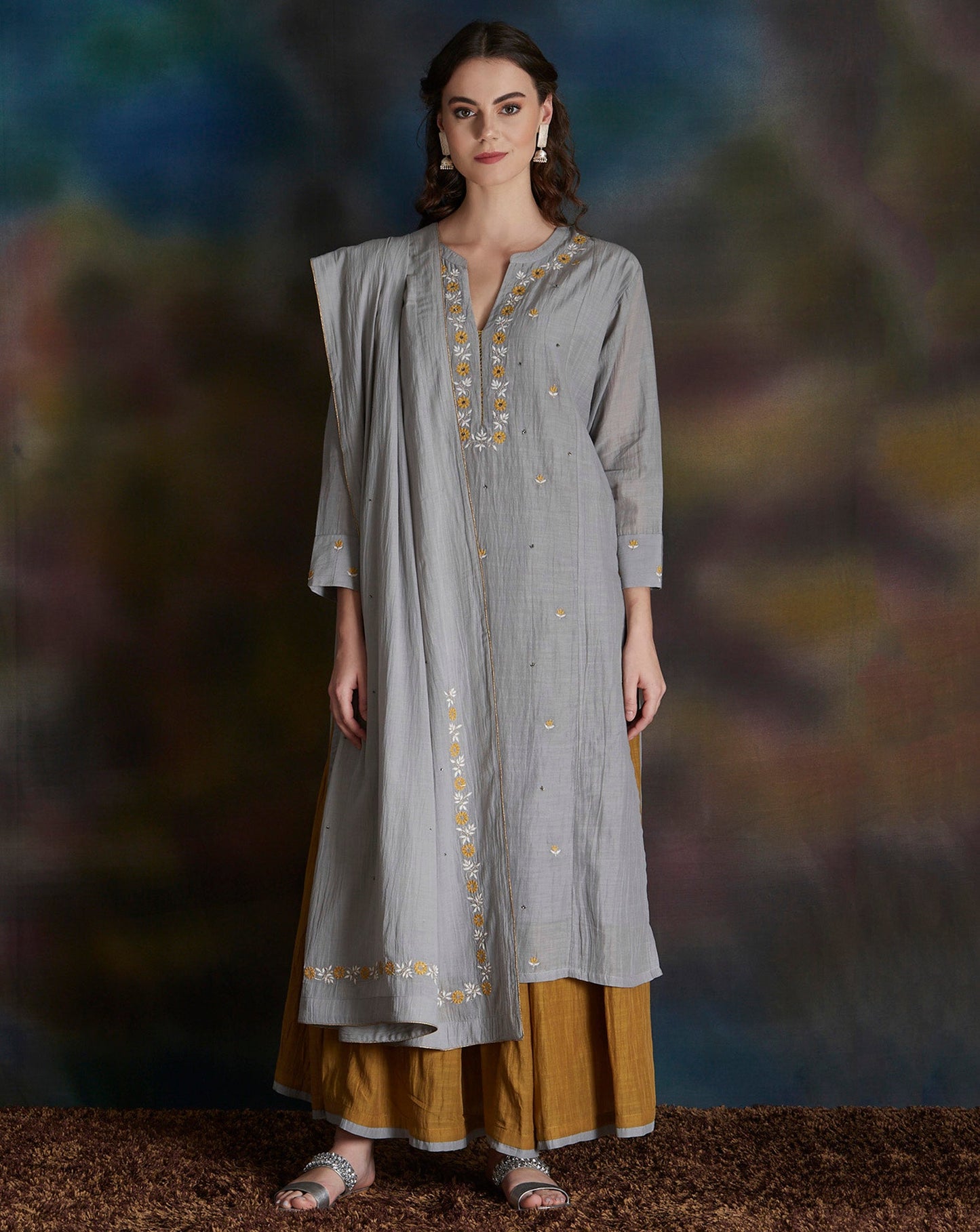 GREY EMBROIDERED COTTON SILK KURTA WITH OLIVE GREEN GATHERED SKIRT