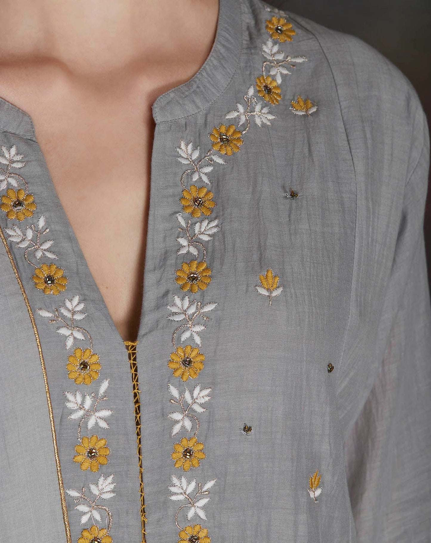 GREY EMBROIDERED COTTON SILK KURTA WITH OLIVE GREEN GATHERED SKIRT