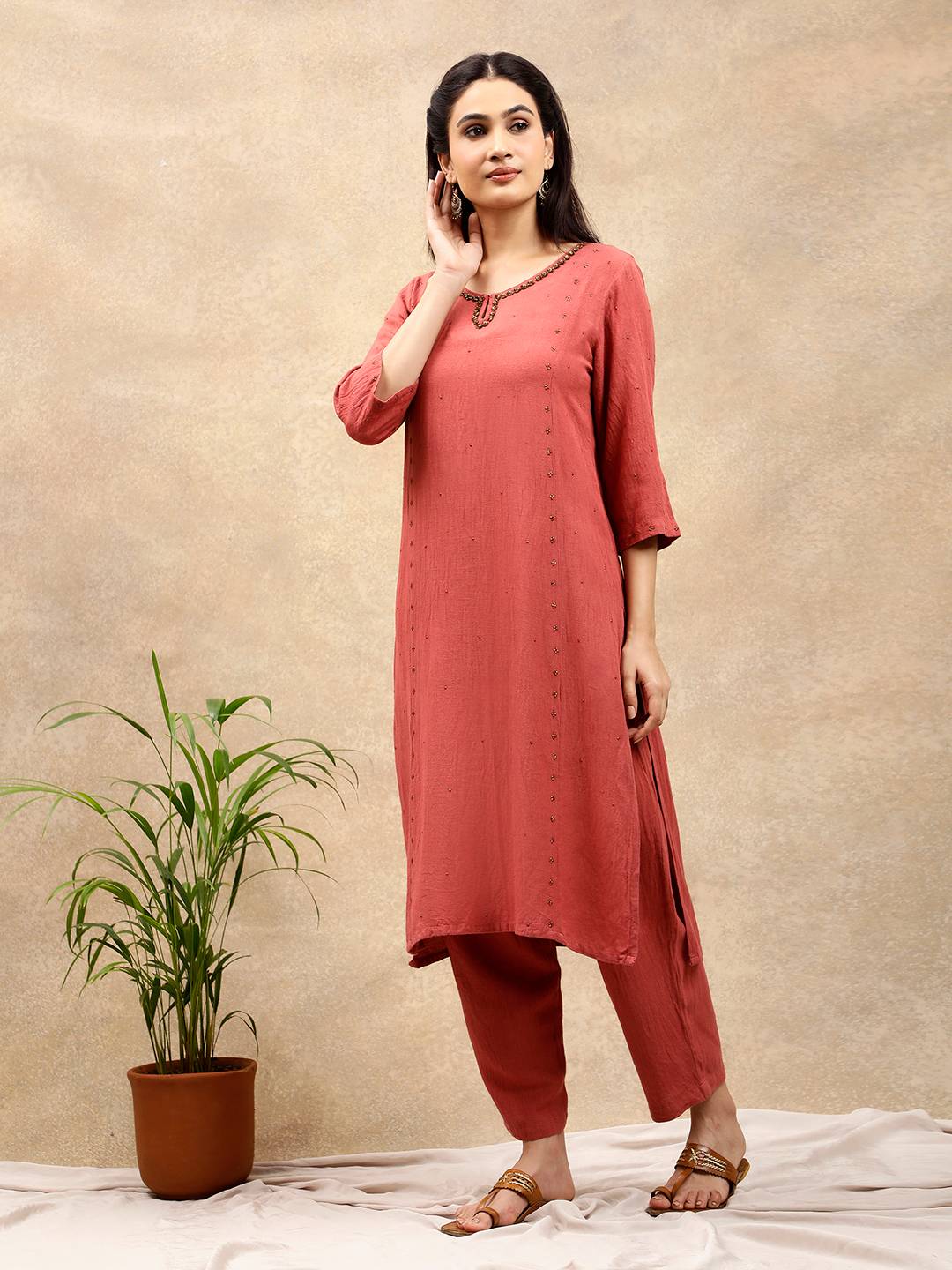 RUST VISCOSE LINEN EMBELLISHED KURTA WITH PANTS