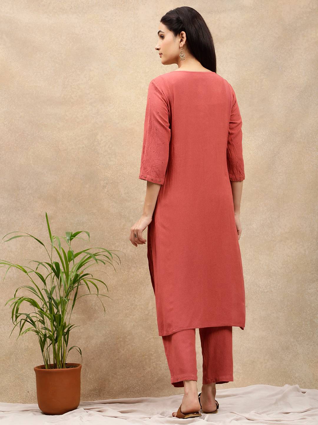RUST VISCOSE LINEN EMBELLISHED KURTA WITH PANTS