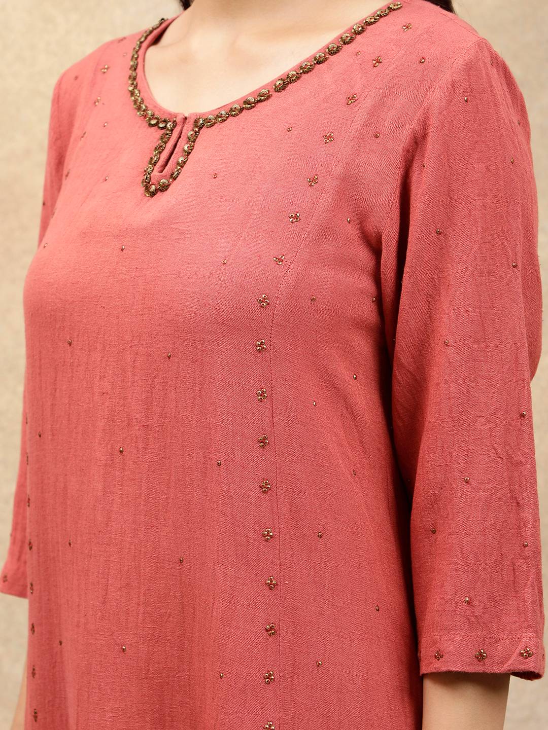 RUST VISCOSE LINEN EMBELLISHED KURTA WITH PANTS