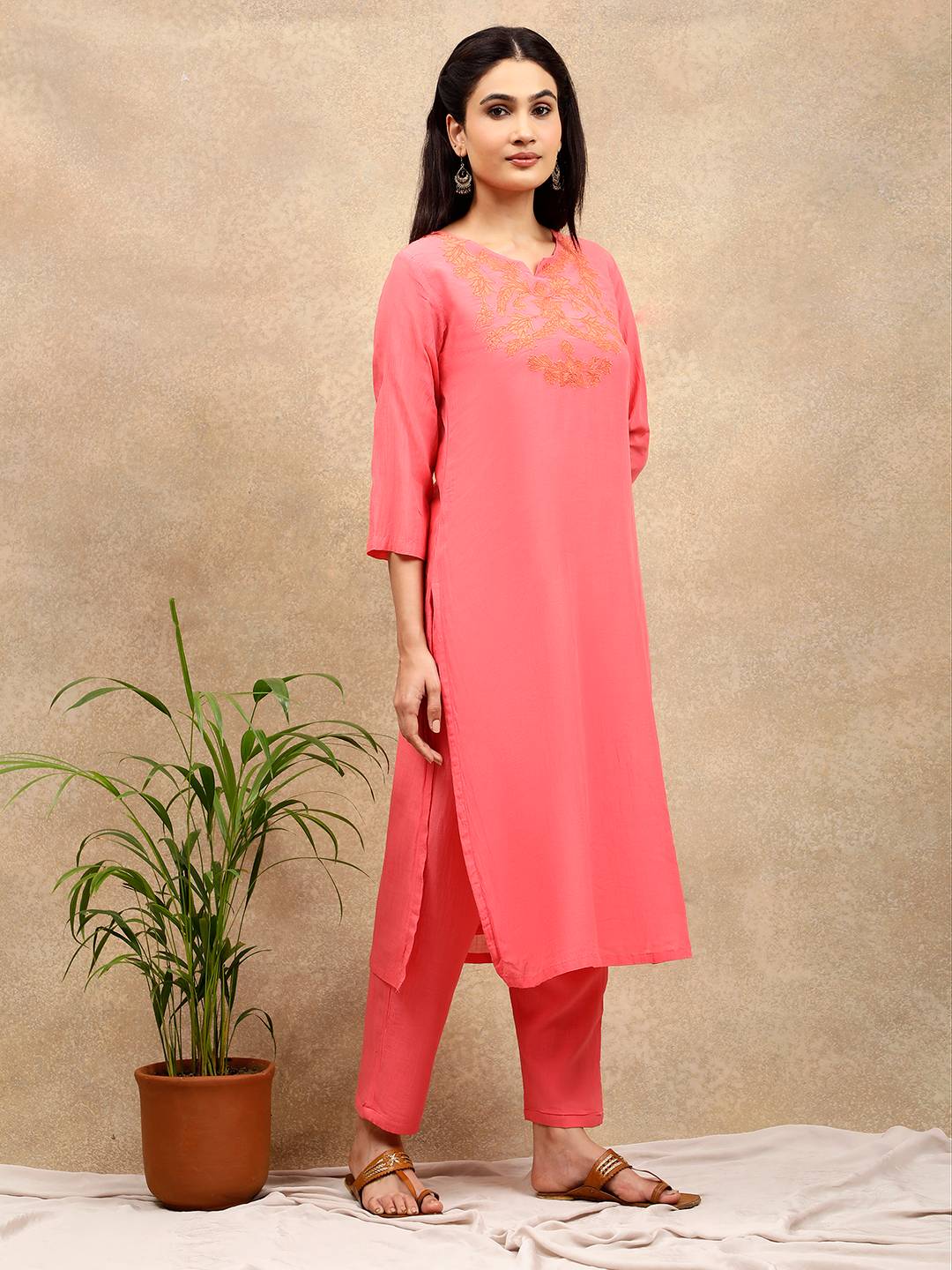 PINK APPLIQUE EMBROIDERED COTTON SILK KURTA