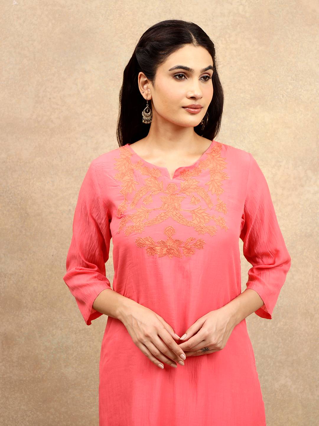PINK APPLIQUE EMBROIDERED COTTON SILK KURTA WITH PANTS