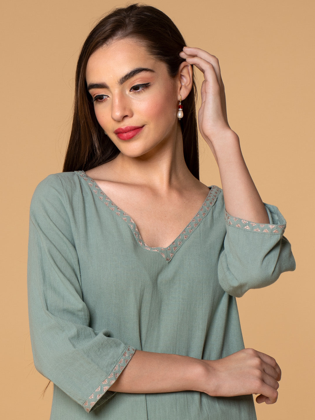 MINT GREEN EMBROIDERED COTTON KURTA WITH PANTS