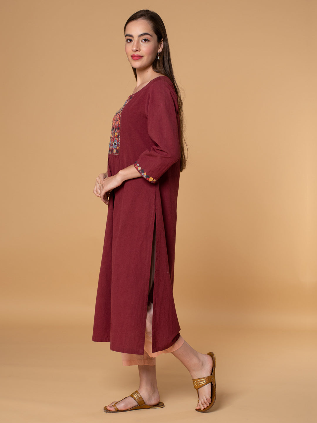 MAROON EMBROIDERED COTTON LINEN KURTA WITH MUSTARD YELLOW VISCOSE PANTS